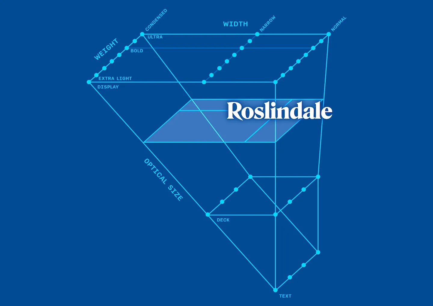 “the horn” for the Roslindale design space, with a wide area in the display sizes for weight and width and a narrow area in the text and micro sizes for weight