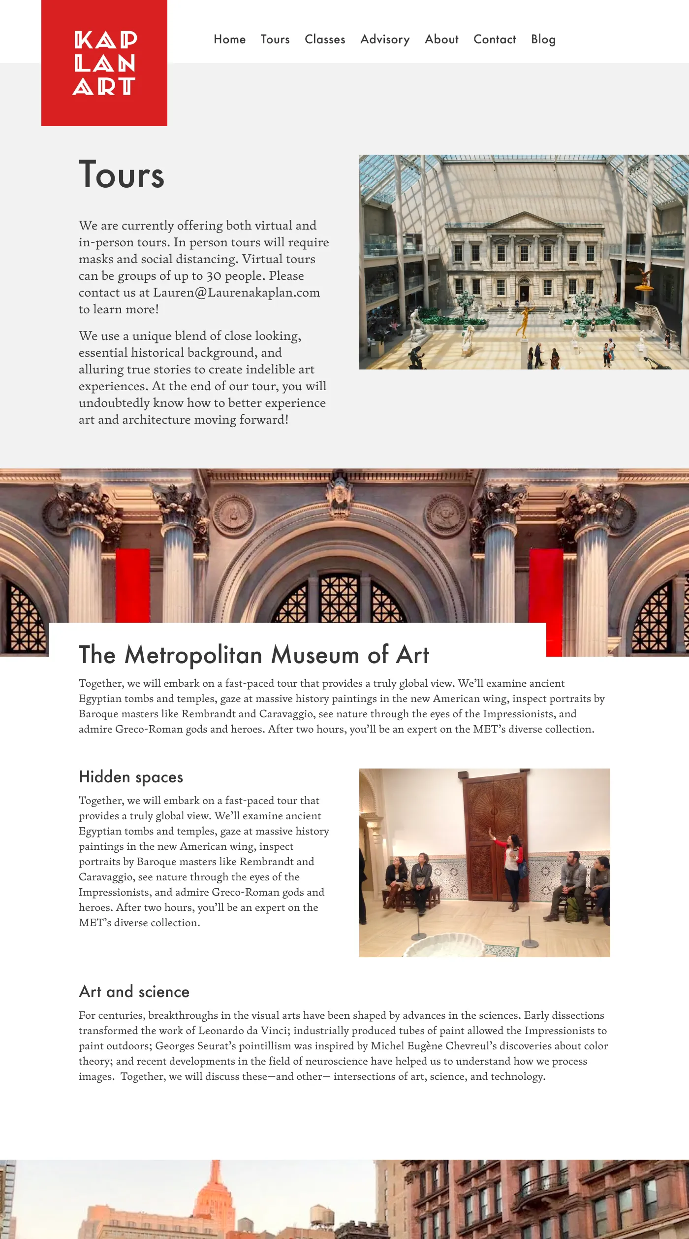 Screenshot of the Tours page on Lauren Kaplan’s website featuring The Met, MoMA, Chelsea Galleries, and other locations