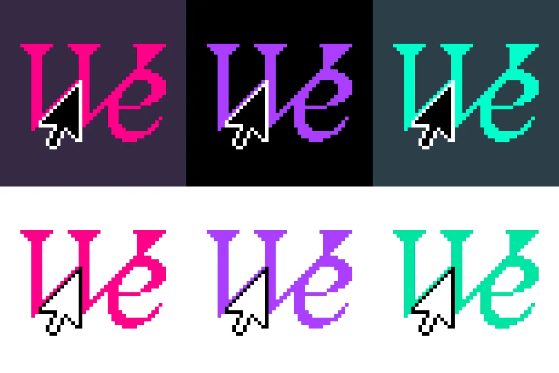 A grid of 6 “We” logos, each with a different color scheme. The text is italic and pixelated and the “W” has a cursor embedded in it.